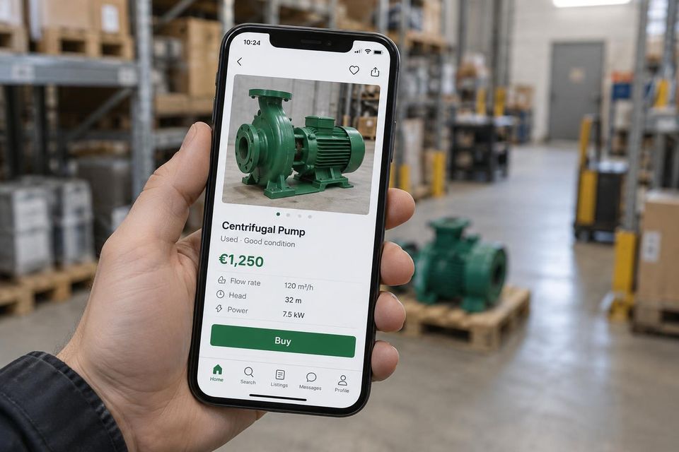 An industrial pump listing shown in the InduSpares app